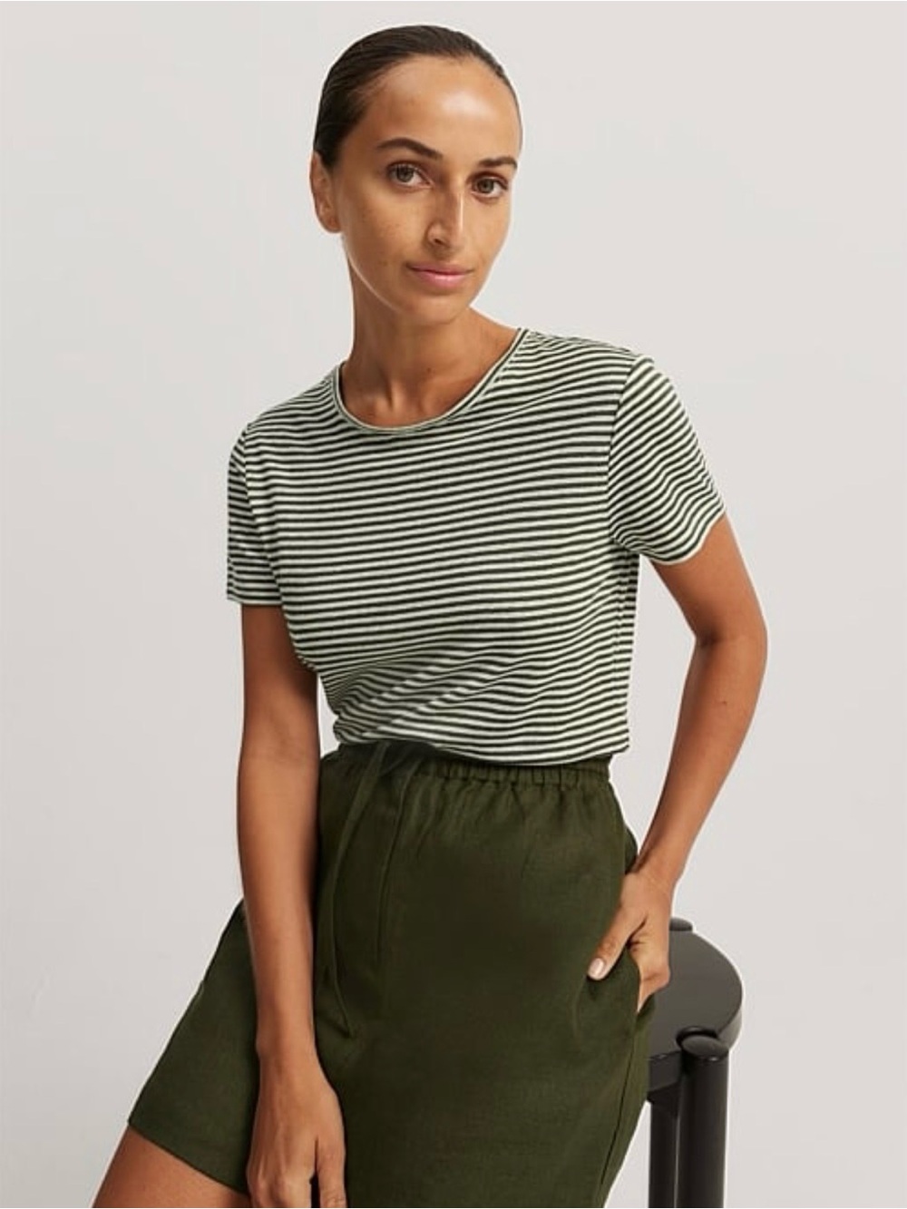 Country Road Olive Green 100% Linen Striped Jersey Short Sleeve T-Shirt - medium